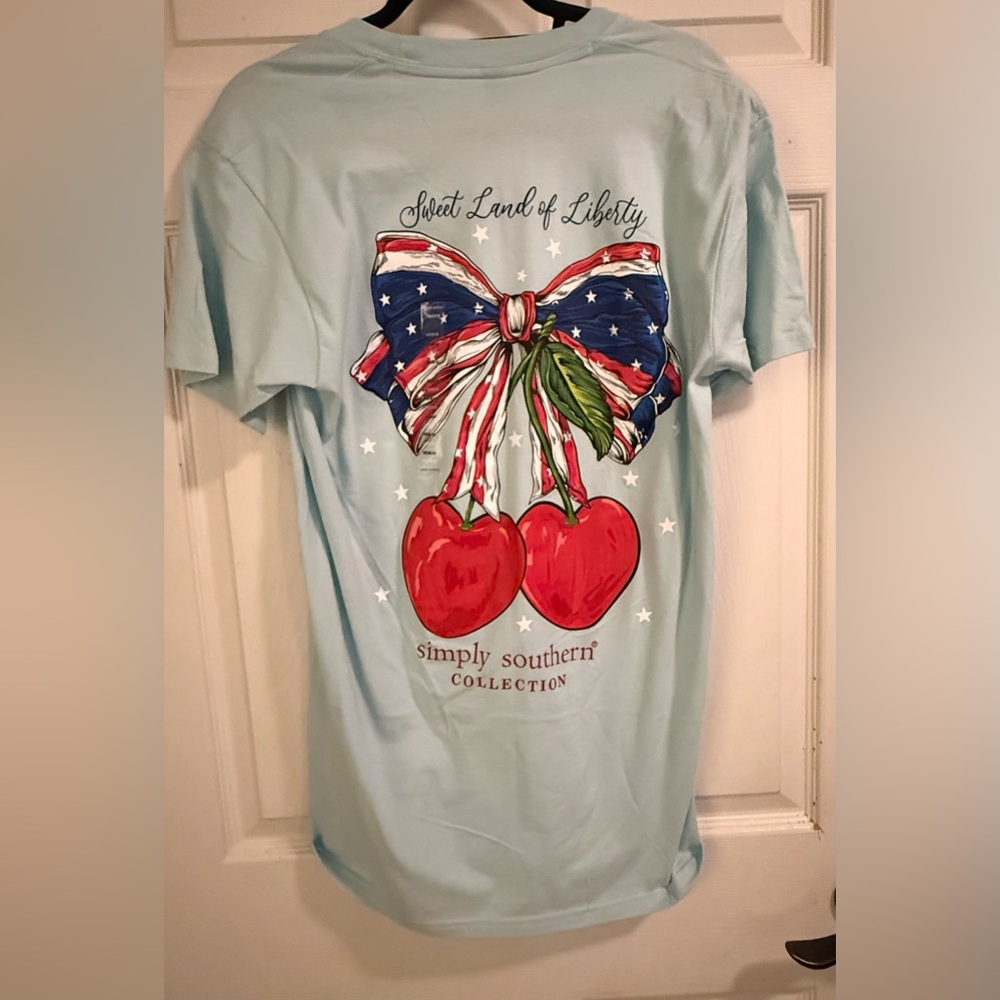 Simply Southern Light Blue Short Sleeve Tee with American Flag Bow - Picture 3 of 3